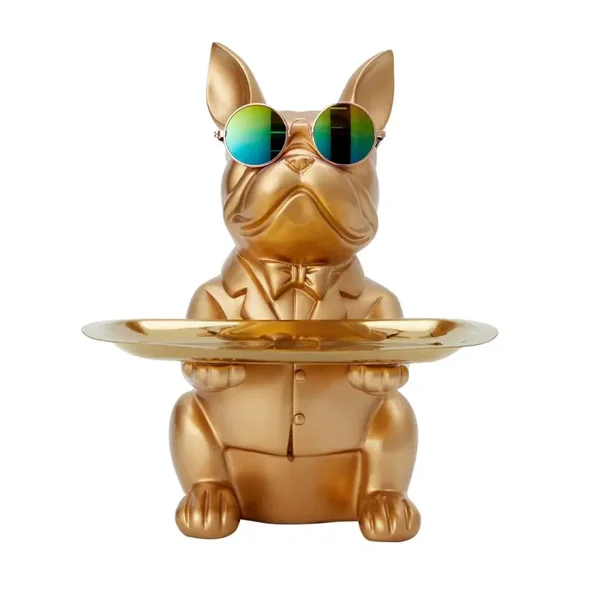 Spardose Bulldoggenstatue Gold mit Tablett & Spardose – Dekorationsfigur