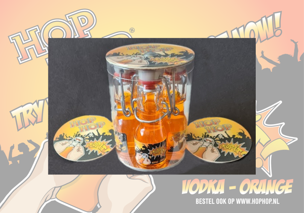 HOPHOP - PLOP IT! - VODKA ORANGE - KOKER met 4 x 50ml double SHOT BEUGELFLESJES