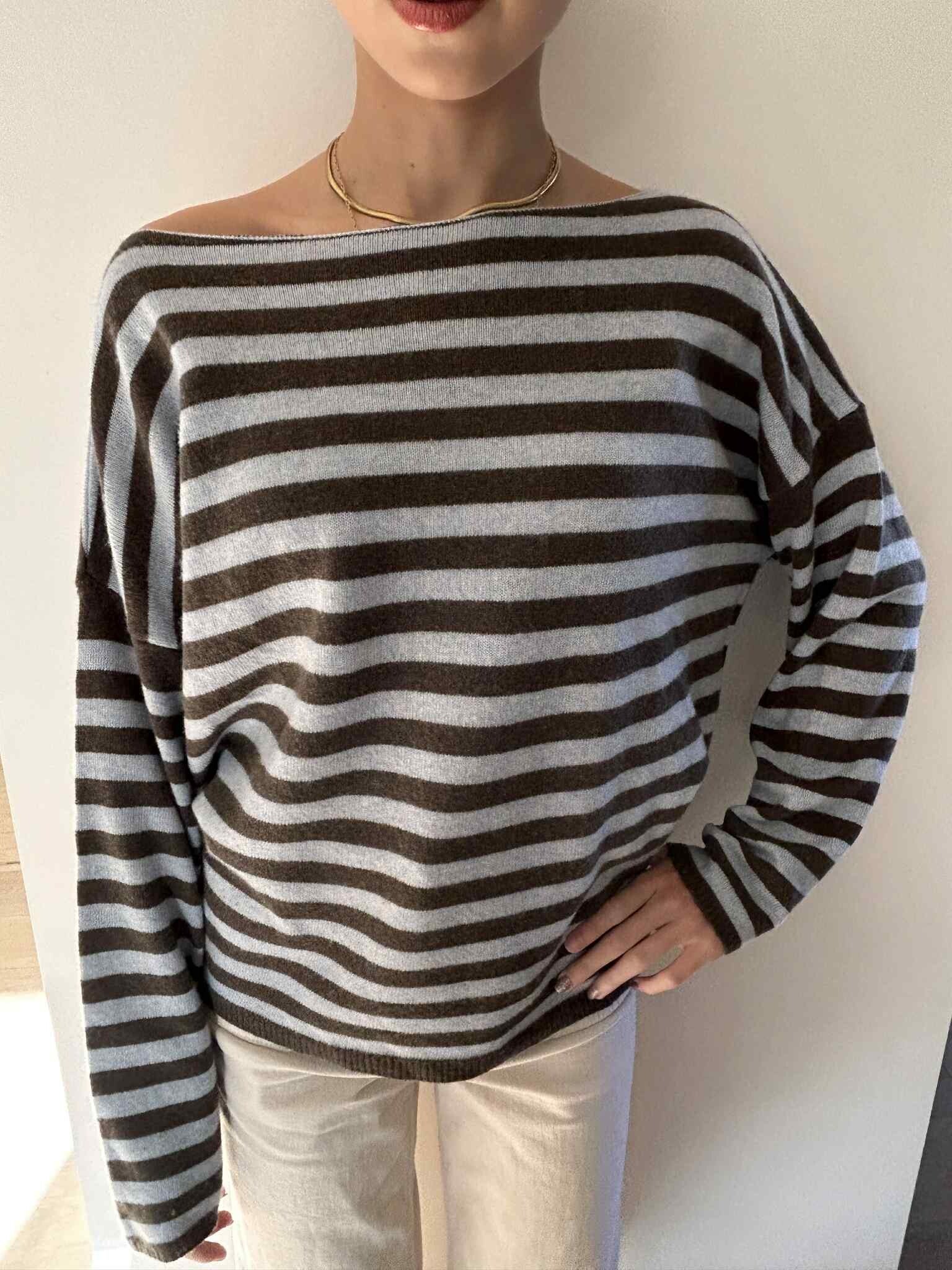 Cashmere boat neck one shoulder sweater - Chocolat/Blue