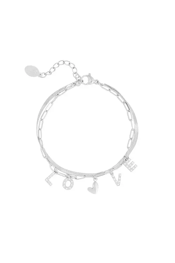 Dubbele armband love strass - Zilver