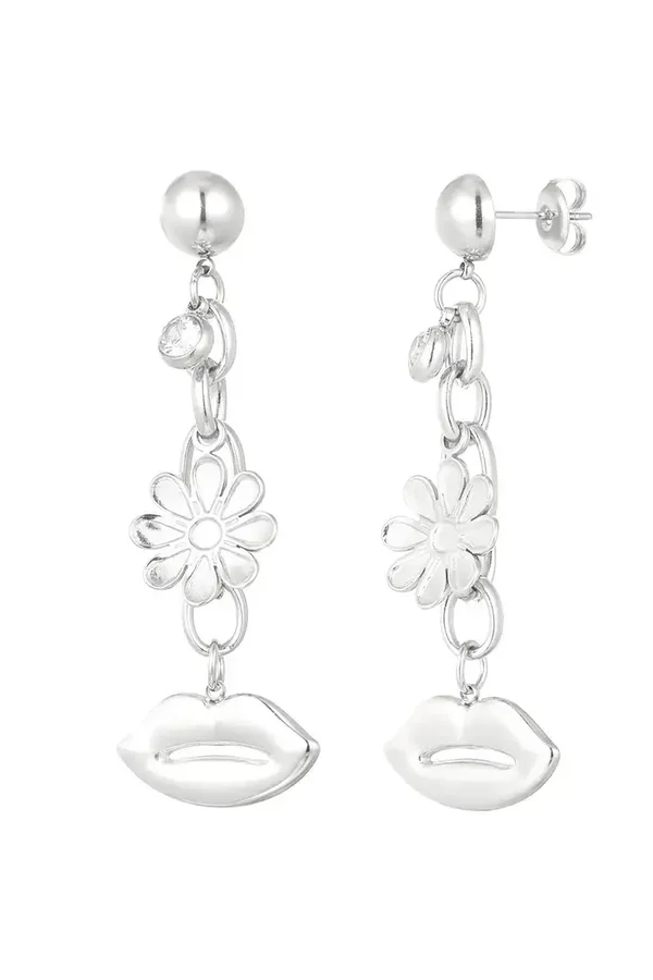 Statement oorbellen flower lips - Zilver