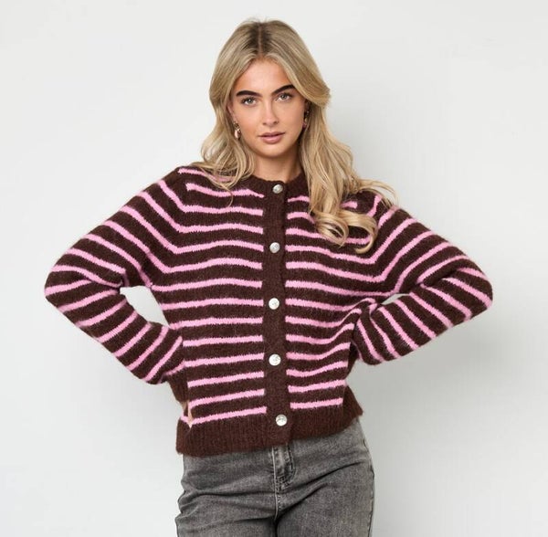 Knitted striped cardigan - Bordeaux/roze