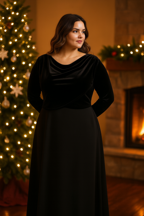 Lange jersey jurk met velvet bovenstuk - Zwart