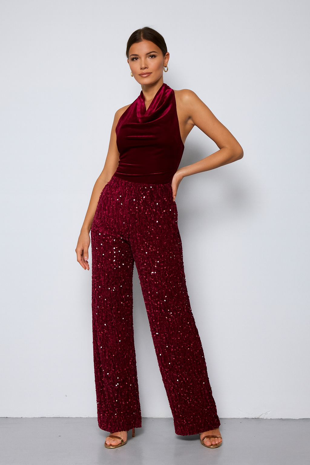 Velvet jumpsuit met pailletten - Burgundy