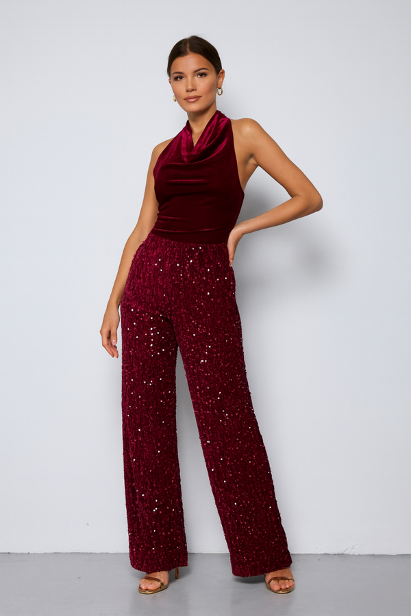 Velvet jumpsuit met pailletten - Burgundy