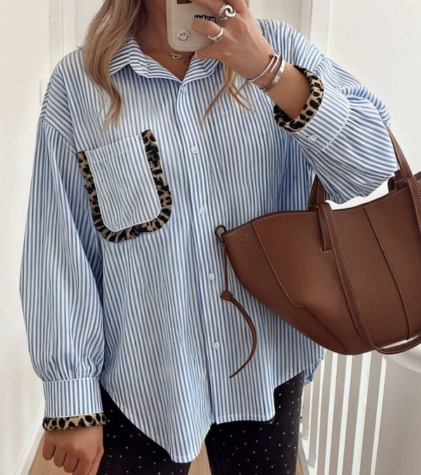 Striped blouse leopard - Blauw