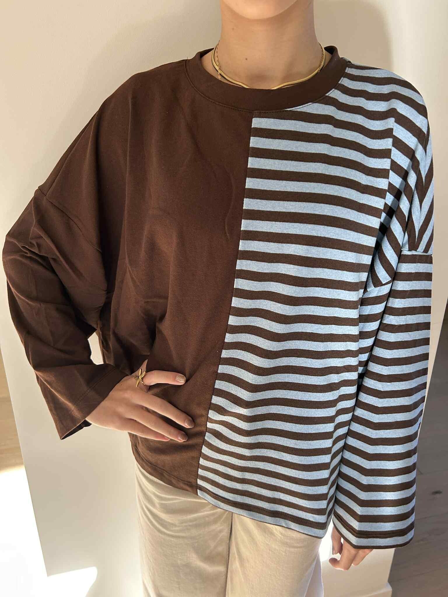 Oversized half striped shirt - Chocolat