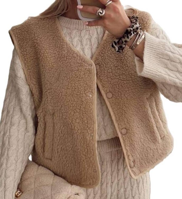 Teddy vestje met sluiting - Camel