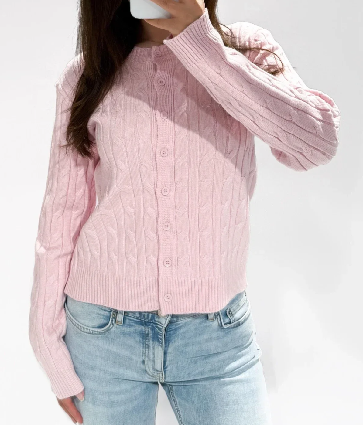 Fijne kabel cardigan - Lichtroze