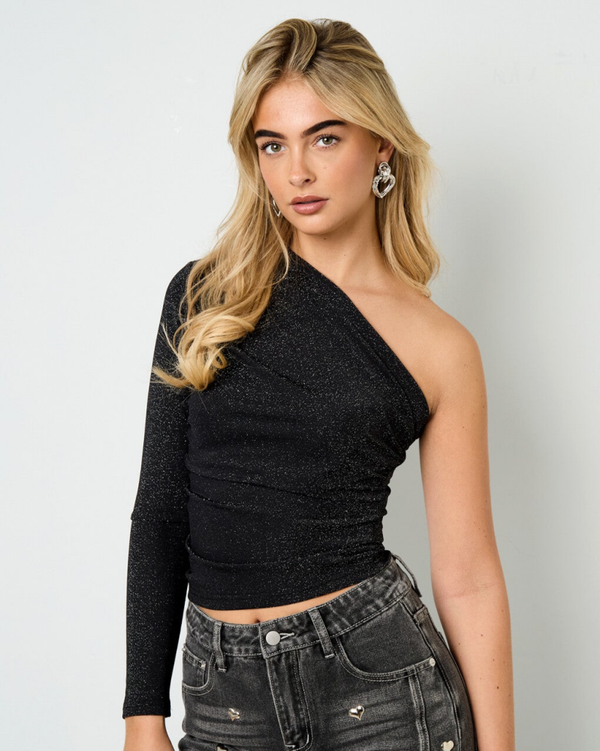 One shoulder sparkling top - Zwart
