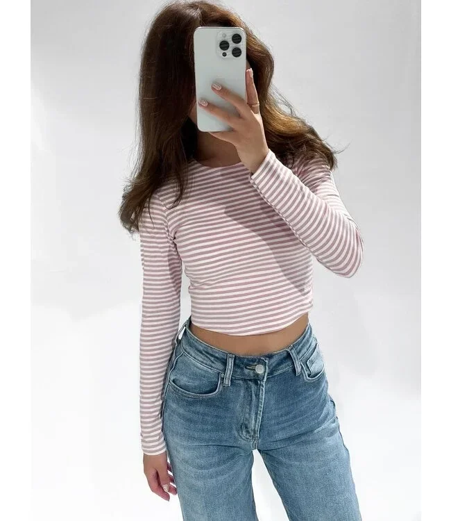 Leela crop top gestreept - wit/roze