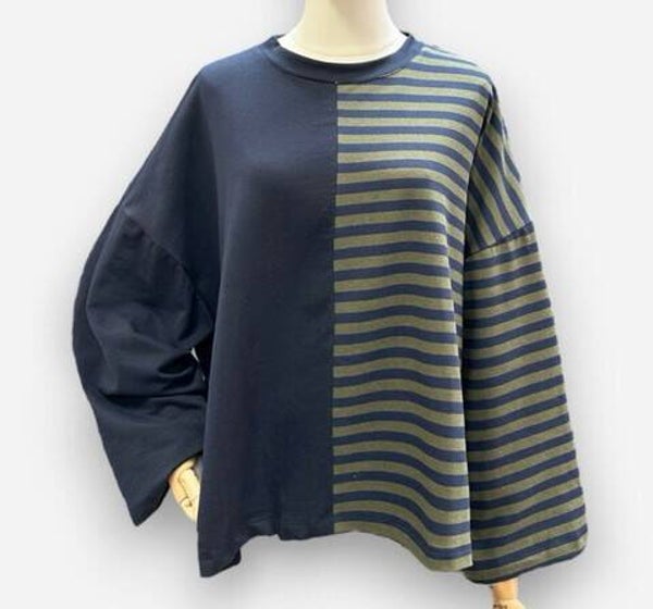 Oversized half striped shirt - Kaki