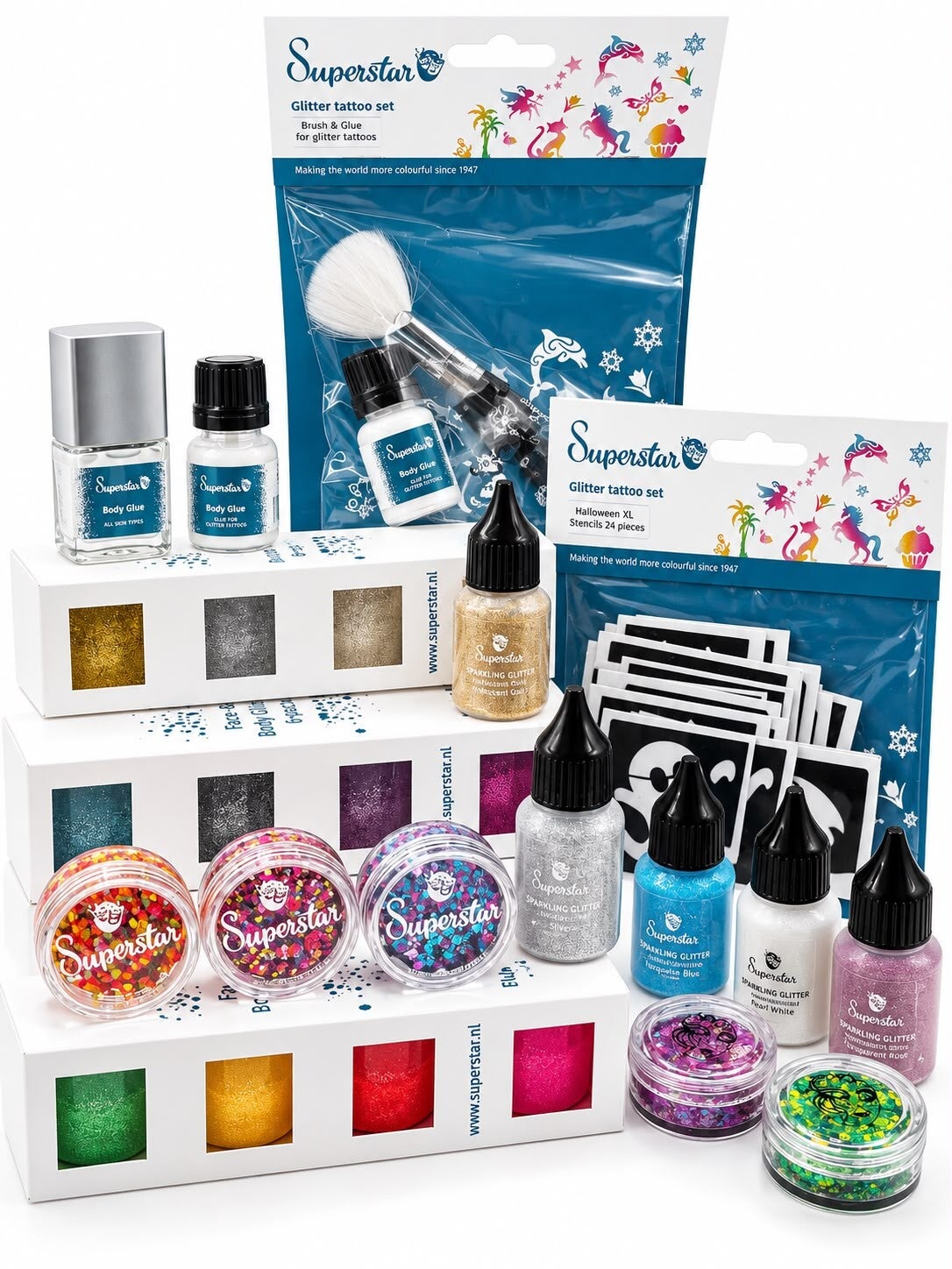 Glitters, glittertattoo-stencils en huidlijm uit de KleurenBaes-webshop
