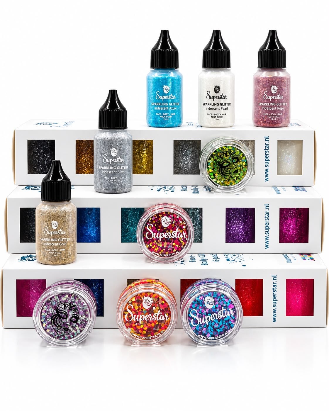 Fijne glitters, chunky glitter creams en glittersets