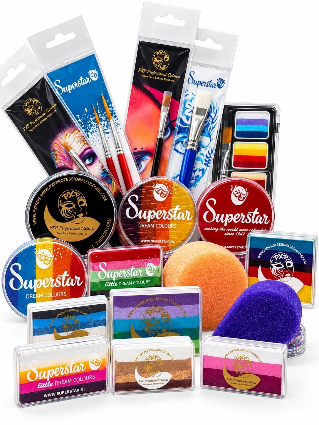 Superstar- en PXP-schmink met splitcakes, penselen en sponsen