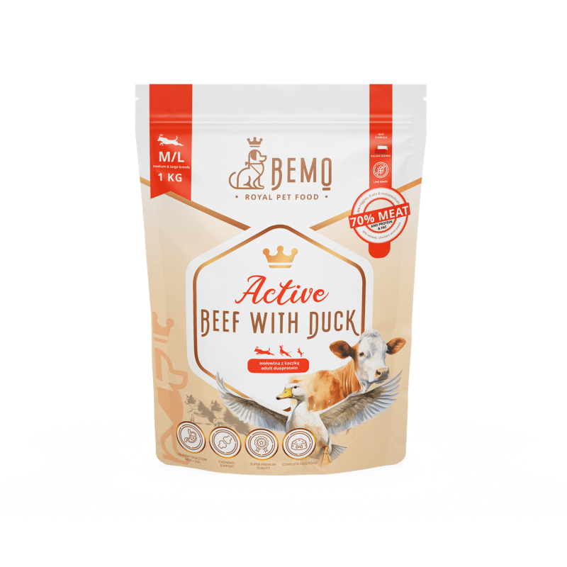 1kg. Bemo Active - droogvoer voor actieve honden Rundvlees met Eend