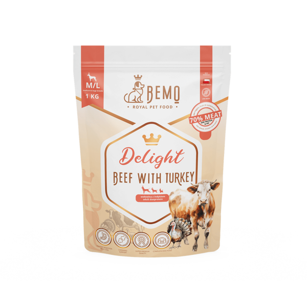1kg. Bemo Delight droog Hondenvoer Rundvlees met Kalkoen