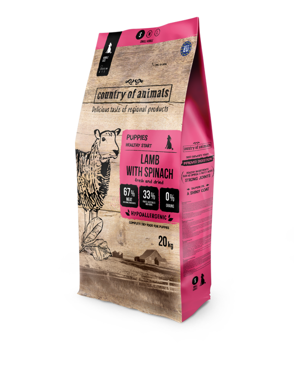 20kg. Wiejska Zagroda droog hondenvoer Lamsvlees met Spinazie voor Puppy's maat S