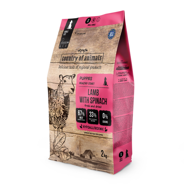 2kg. Wiejska Zagroda droog hondenvoer Lam met Spinazie voor Puppy's maat S