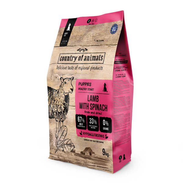 9kg. Wiejska Zagroda droog hondenvoer Lams met Spinazie voor Puppy's maat S