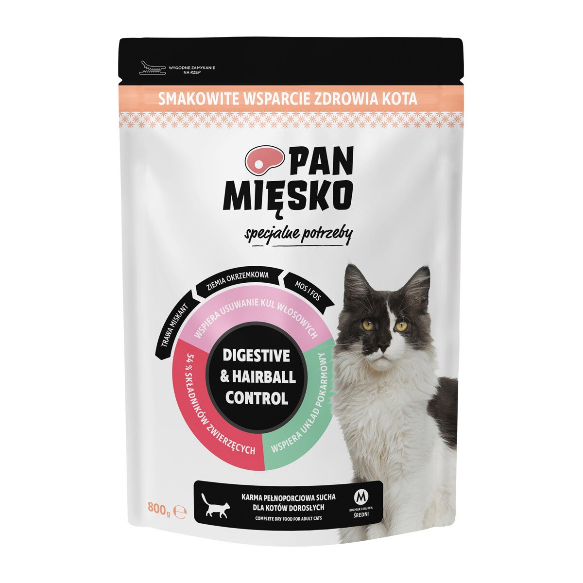 800g. Pan Mięsko Droogvoer voor Katten Speciale behoeften Digestive & Haiball Control - Kalkoen (volwassen) Maat M