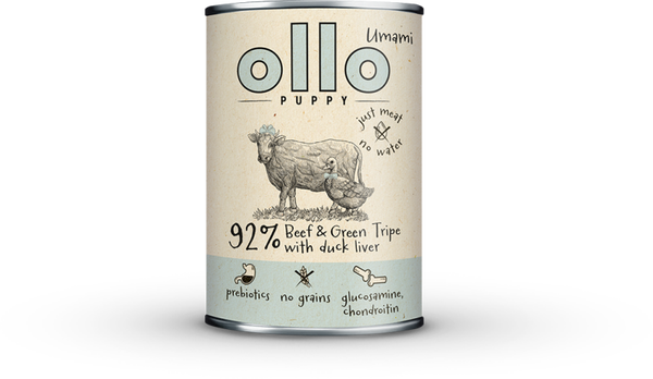 400g. Ollo Hondenvoer Umami Rundvlees en Groene Pens met Eend en Lever Puppy
