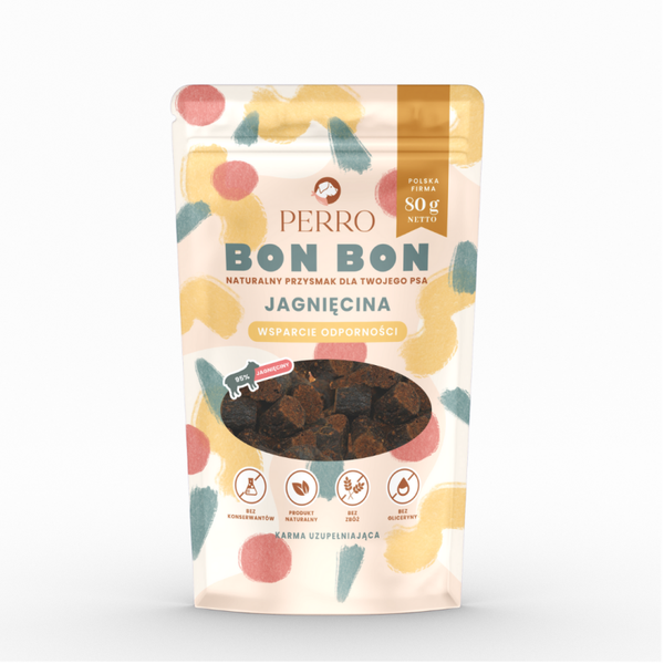 80g. Perro BON BON Lamsvlees – Ondersteuning van het immuunsysteem Lekkernijen met functionele toevoegingen