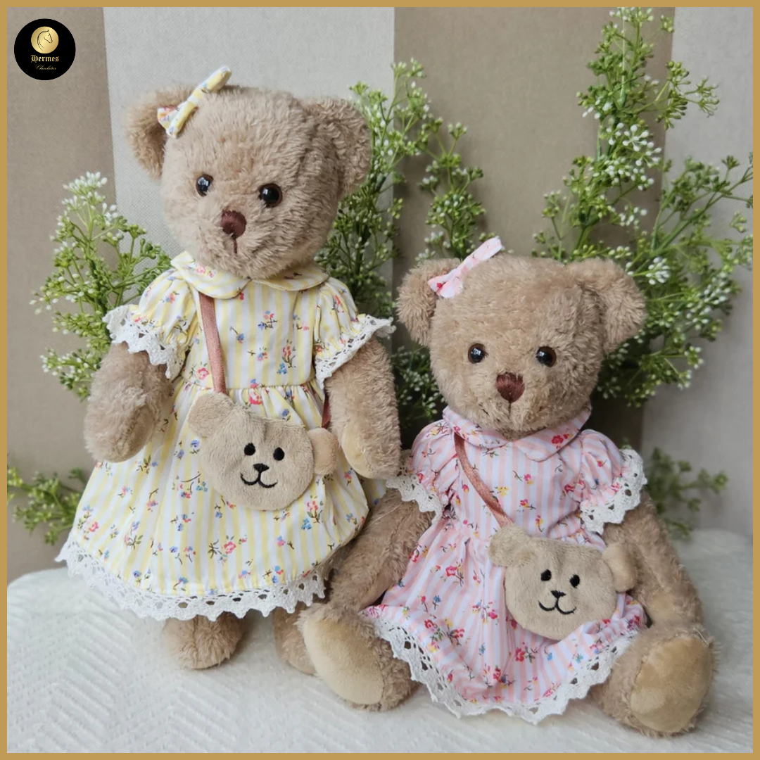 Meisjesbeer met bloemenkleedje en tasje, 30cm