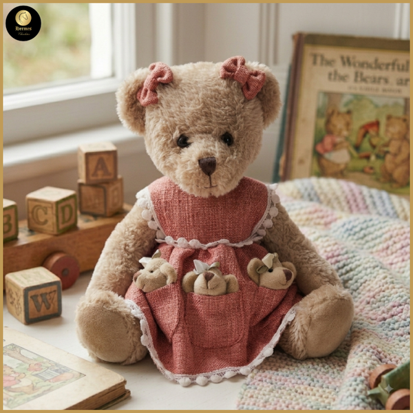 Meisjesbeertje terracotta jurk met babies 30cm