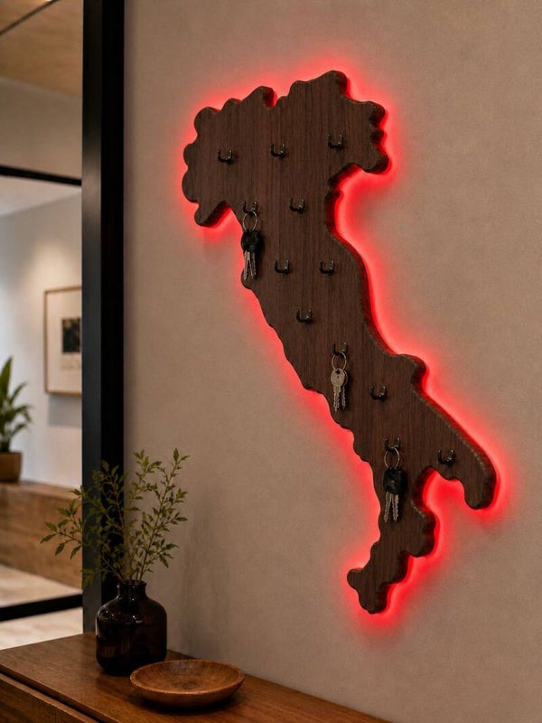 Portachiavi Italia in legno con LED – Design artigianale da parete