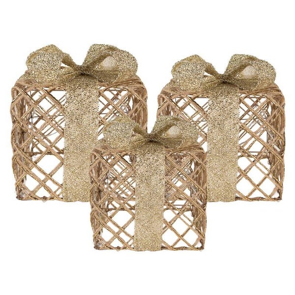 Clayre & Eef Kerstdecoratie met LED-verlichting Cadeau 25 / 20 / 15 cm Goudkleurig Metaal