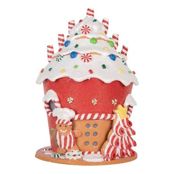 Clayre & Eef Gingerbread house met LED 23x23x32 cm Rood Wit Kunststof