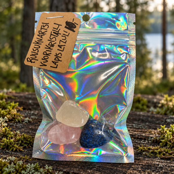 Vuorikristallin, ruusukvartsi ja Lapis lazuli