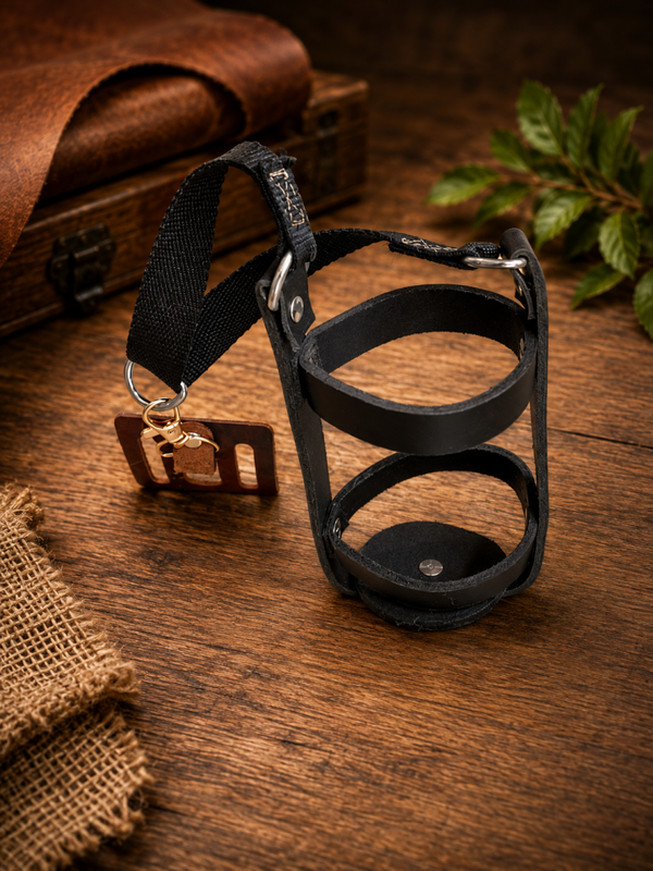 Porte-bouteille artisanal en cuir noir