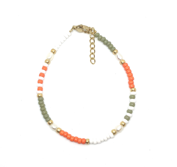 Olive Green, Orange Pearl Bracelet