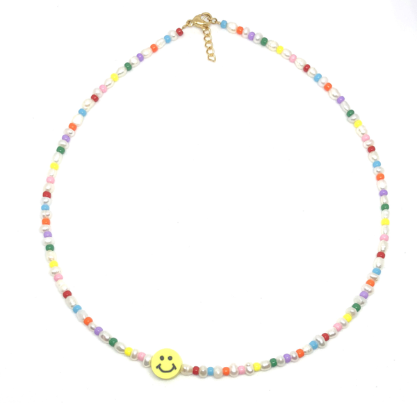 Rainbow pearl smiley necklace