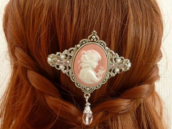 Große Kamee Haarspange mit Mädchen rosa silberfarben Braut Hochzeit Haarschmuck
