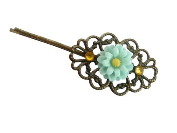 Filigrane Haarklemme mit Blüte mintgrün bronzefarben Ponyfrisur Haarschmuck