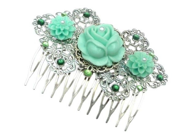 Großer Blüten Haarkamm silber mintgrün filigrane Ornament Braut Hochzeit Haarschmuck