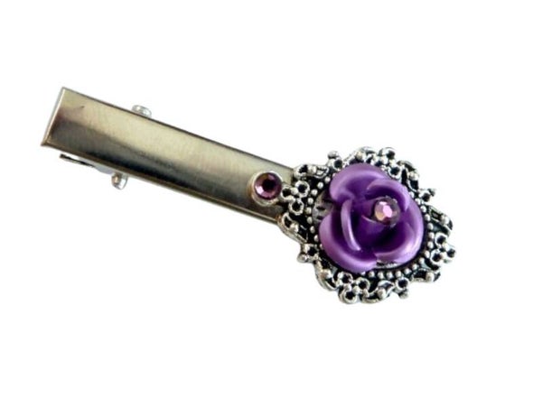 Unikat Haarklammer Haarclip mit Metallrose in lila silberfarben ideal für Ponyfrisur