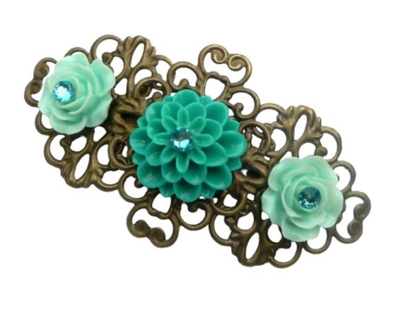 Sommerliche Blüten Haarspange mit Rose und Dahlien mintgrün türkis bronze