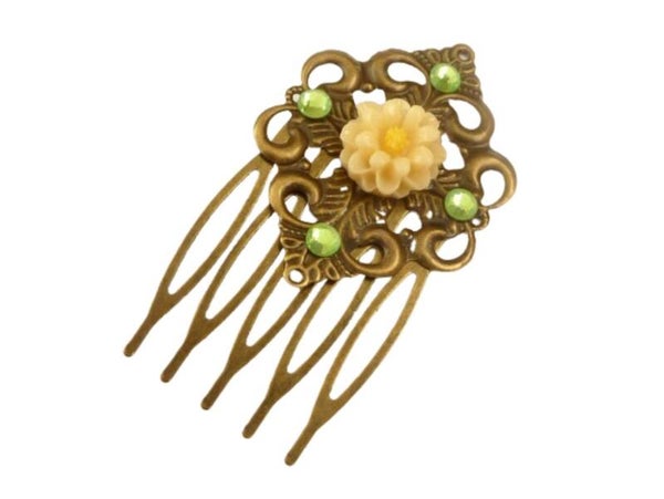 Kleiner Haarkamm mit Blüte Sommer Haarschmuck apricot grün bronze