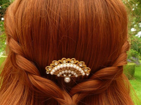 Eleganter Haarkamm in Fächerform mit Perlen und klarem Strass goldene Braut
