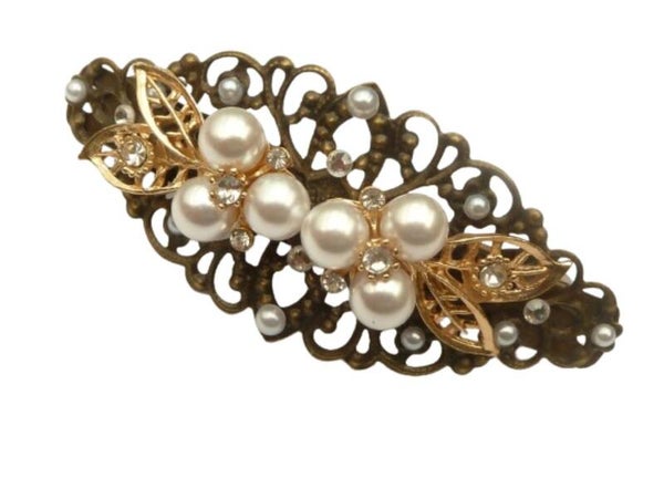 Exklusive Haarspange mit Perlen Blättern und Strass Applikationen gold cremeweiß bronze