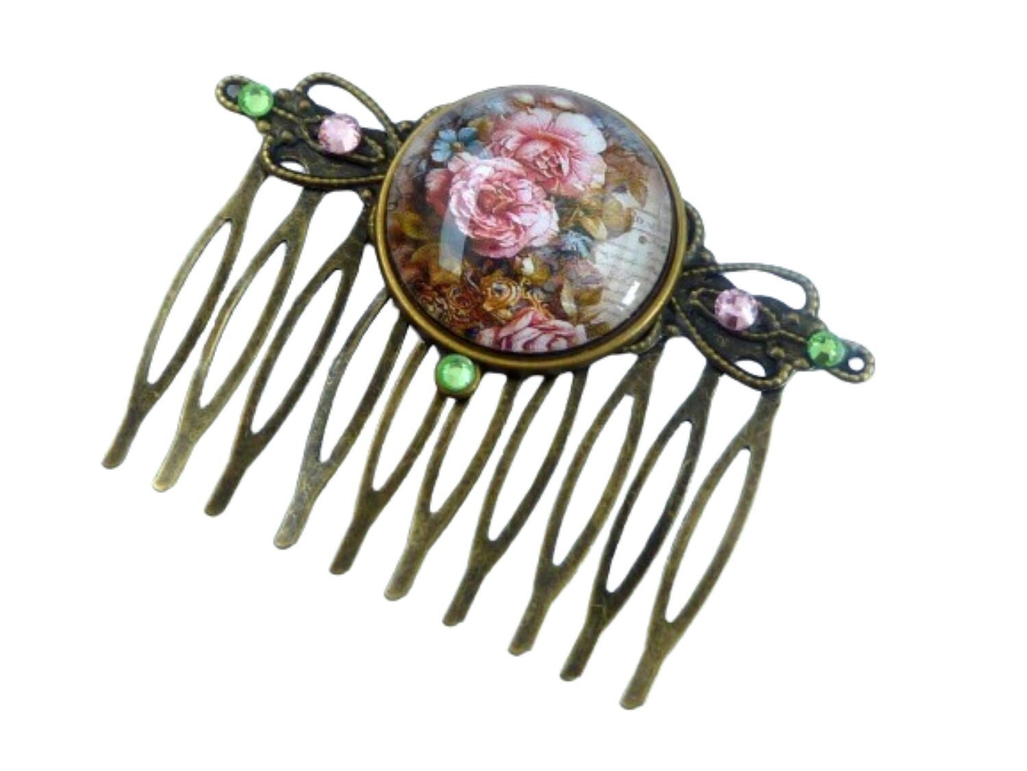 Nostalgischer Haarkamm mit Rosenblüten rosa bronzefarben vintage Braut