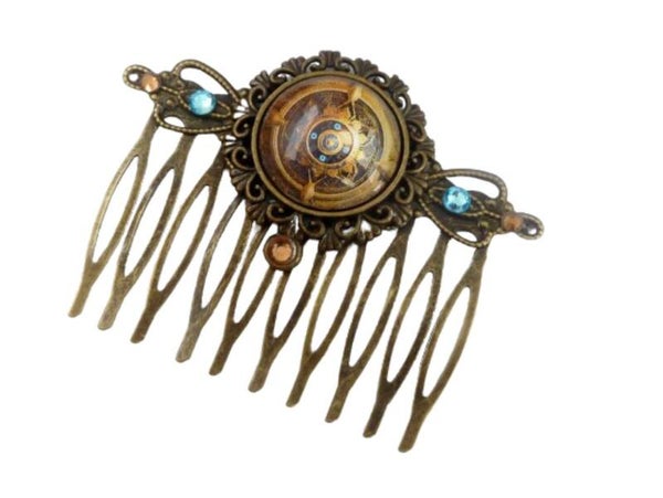 Edler Haarkamm mit Steampunk Element braun türkis bronzefarben