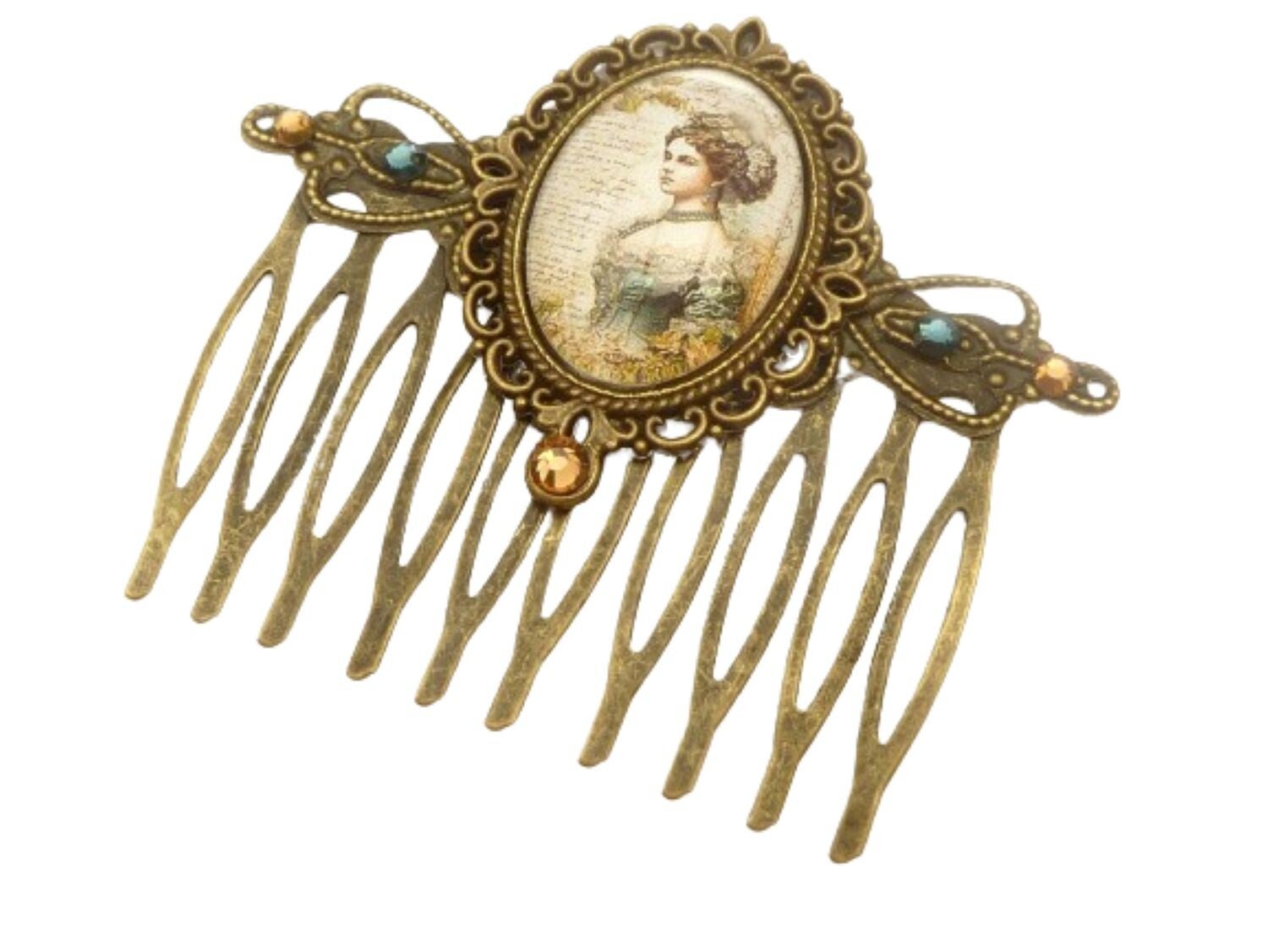 Nostalgischer Haarkamm mit historischer Dame dunkelblau bronzefarben