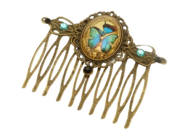 Edler Schmetterling Haarkamm im Art Nouveau Stil türkis bronzefarben