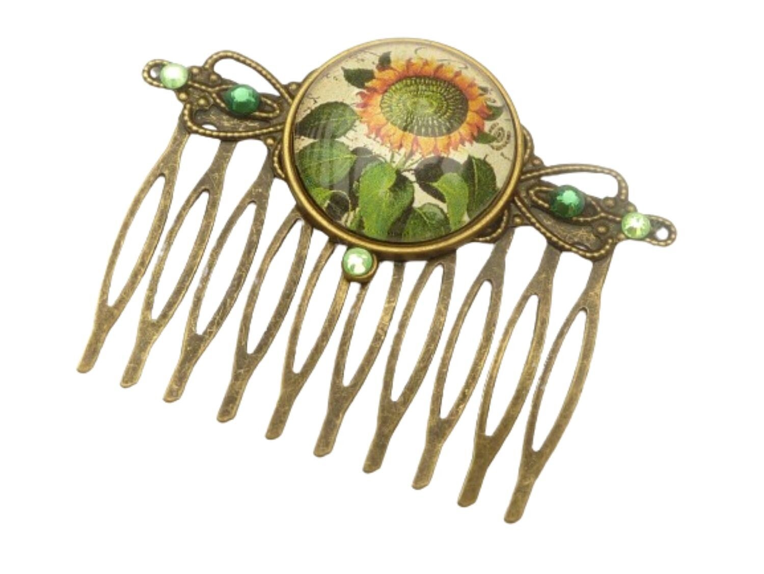 Sommer Haarkamm mit Sonnenblumen Motiv grün gelb bronzefarben