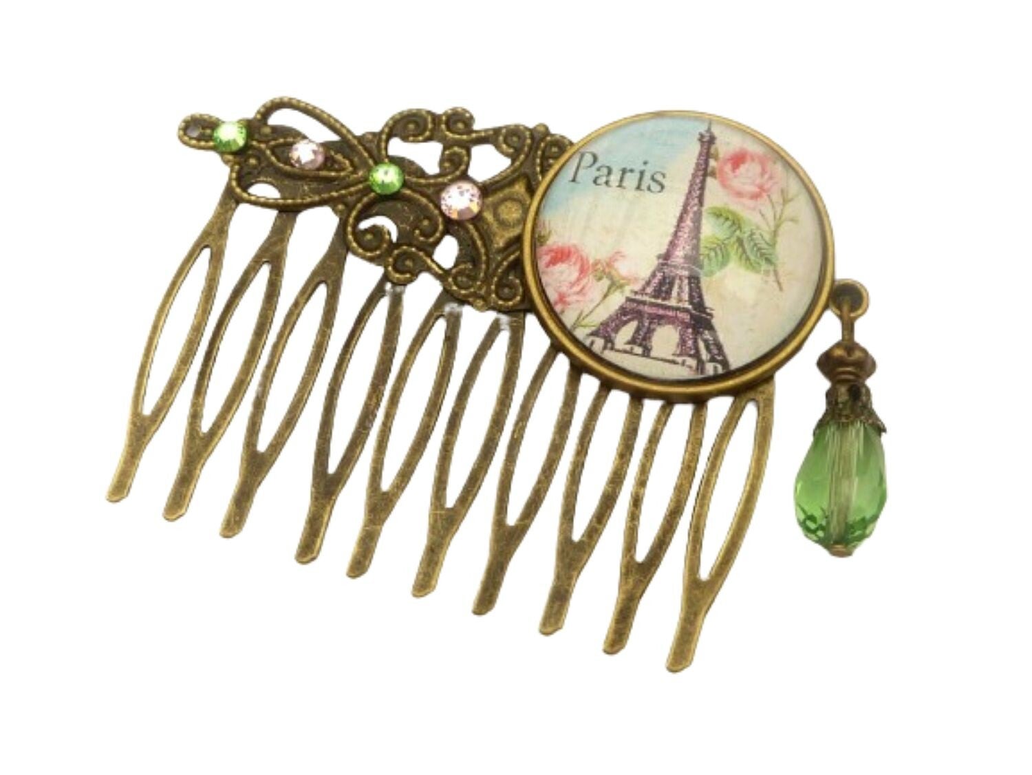 Haarkamm mit Eiffelturm Motiv rosa grün bronze Paris Haarschmuck Mädchen